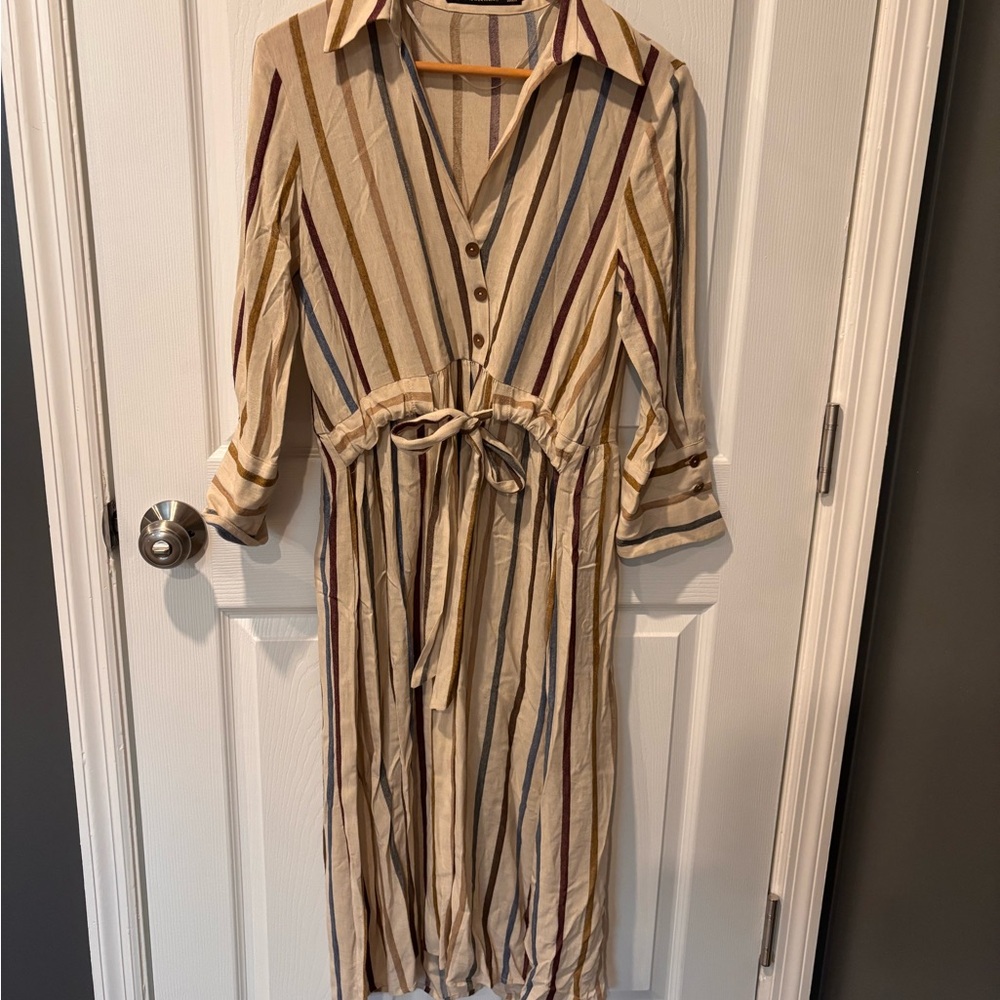 Zara Striped Midi Long Sleeve Shirt Dress